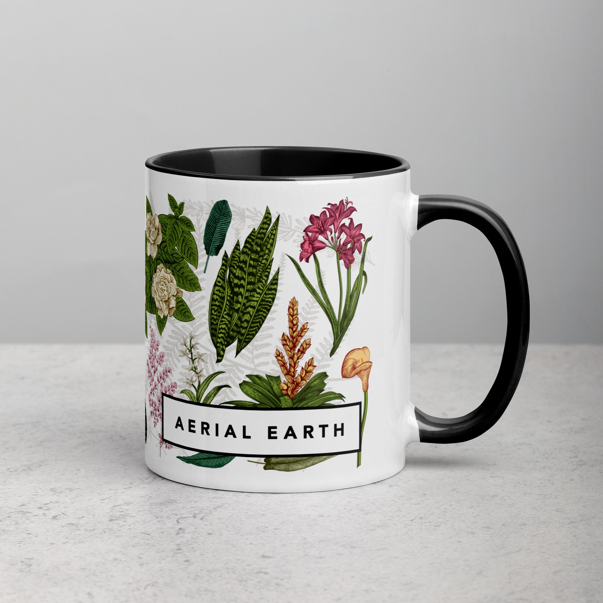 Aerial Earth flora design white mug with black handle and black inside